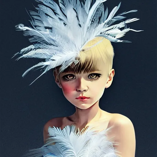 Prompt: little girl with an eccentric haircut wearing an dress made of feathers, artwork made by ilya kuvshinov and hirohiko araki