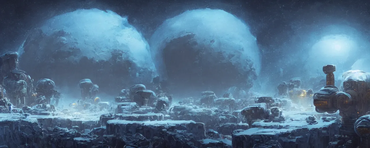 Image similar to outer planet covered with ice, mining robots, art by paul lehr, cinematic, detailed, epic, widescreen, opening, establishing, matte painting, photorealistic, realistic textures, octane render