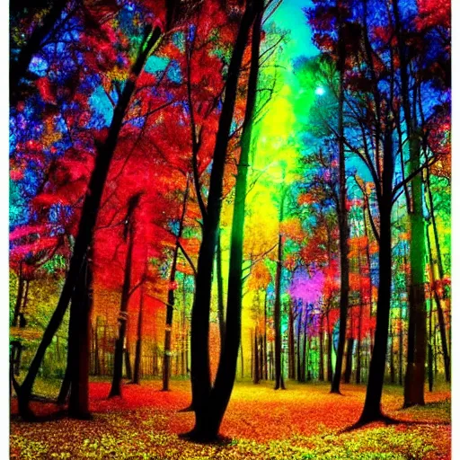 Image similar to a dark forest with shafts of colorful light