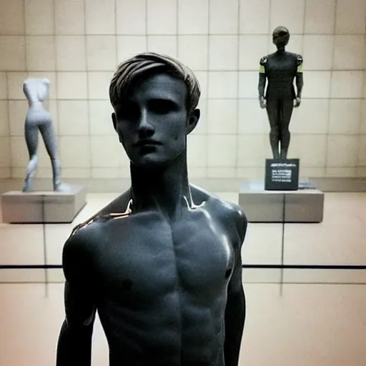 Image similar to “a realistic detailed photo of a guy who is an attractive humanoid who is half robot and half humanoid, who is a male android, British diver Jack Laugher, shiny skin, posing like a statue, blank stare, at the museum, on display”