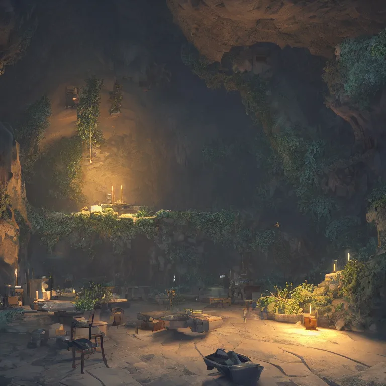 Image similar to secret overwatch common area carved inside a cave, multiple bedrooms, sheltered, magical, natural light, planters, central tree, candle light, cinematic lighting, clean lines, cozy, fantasy, minimalist architecture, sharp focus, concept art, by greg rutkowski and craig mullins,, octane render 8 k