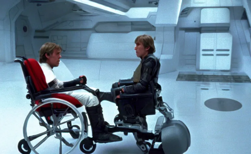 Prompt: cinematic still image screenshot luke skywalker in cybernetic wheel chair, from the tv show on disney + anamorphic lens, 3 5 mm film kodak from empire strikes back 1 9 8 3