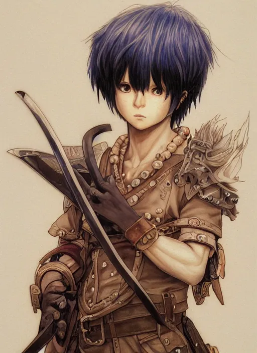 Image similar to prompt : ragnarok online portrait soft light painted by james jean and katsuhiro otomo, inspired by akira anime, epic fantasy, a young long haired peasant boy with dark skin, brown skin, a dark complexation in plain fantasy clothing with intelligent eyes, intricate oil painting, high detail illustration, sharp high detail, manga and anime 1 9 9 9