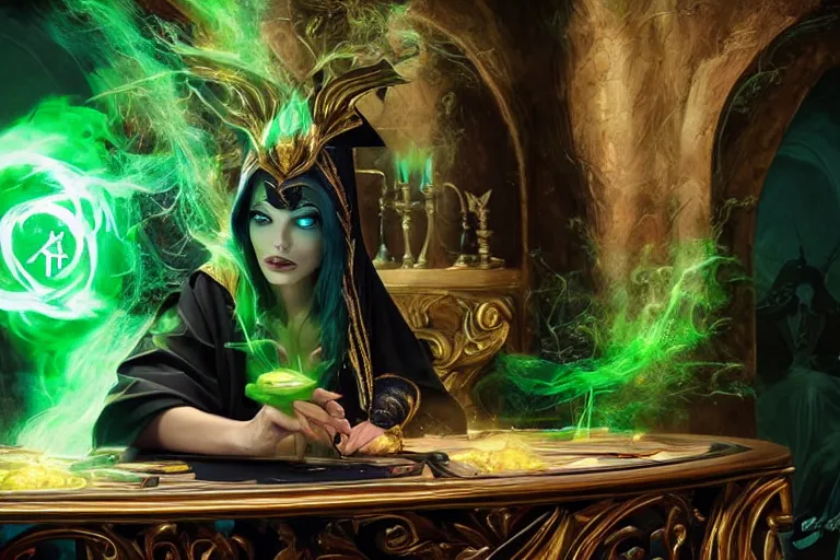 Prompt: a beautiful sorceress wearing a black robe with gold embroidery, sitting at table, casting a spell, green glows, painted by stefan kostic and artgerm, in the style of magic the gathering, highly detailed digital art