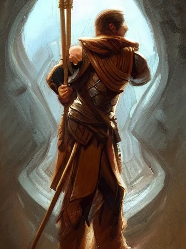 Prompt: a master a wooden quarterstaff in a desperate posture ready to fight. cornered by enemies. intricate, elegant, highly detailed, digital painting, artstation, concept art, sharp focus, illustration, by justin gerard and artgerm, 8 k