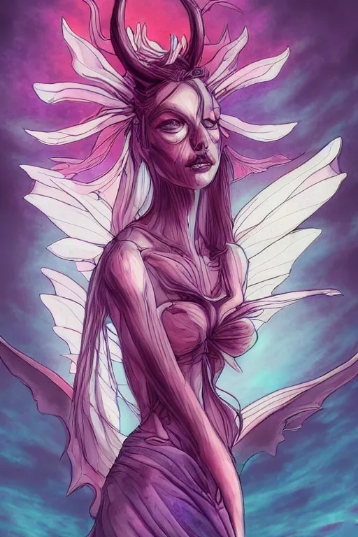 Image similar to concept art painting of a demonic devil fairy, artgerm, moebius, inio asano, toon shading, cel shading, calm, tranquil, vaporwave colors,