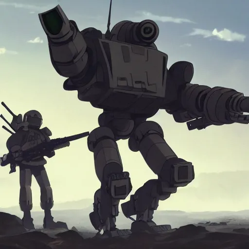 Image similar to a mech with guns on each arm preparing for combat, battlefield, dead trees, fire, smoke, dark clouds, slightly sunny, ominous, intense, epic, extremely detailed, cinematic lighting, studio ghibli, anime, steampunk,