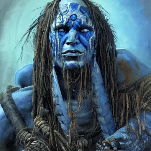 Image similar to art by simon bisley, primitive shaman warrior, atmospheric lighting, painted, intricate, blue and grey hour, ultra detailed