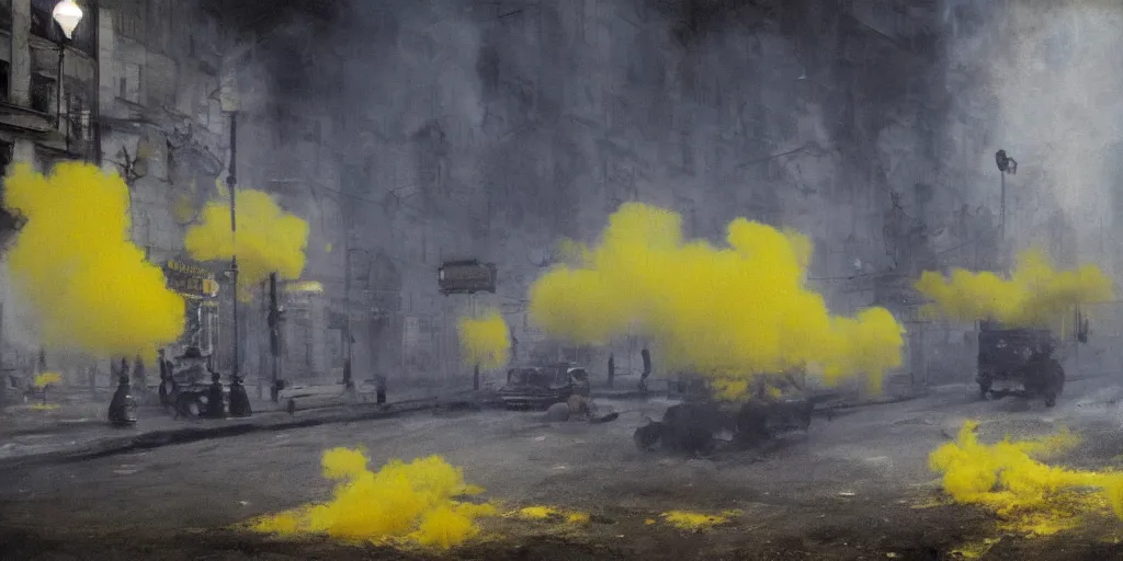 Image similar to kiev city streets covered in yellow and blue smoke, by jeremy mann, by kim keever