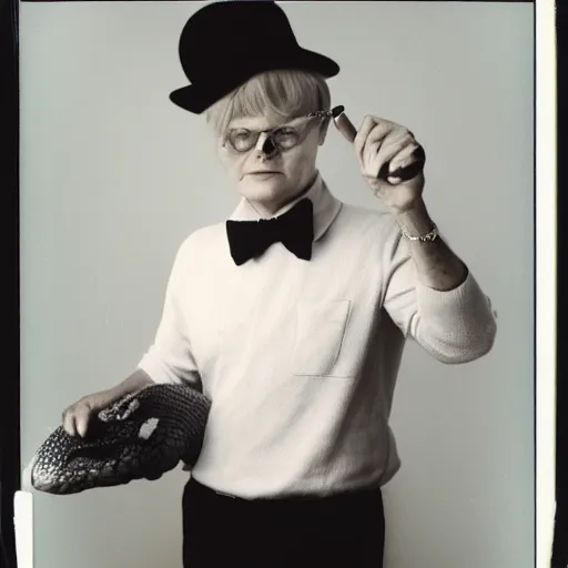 Prompt: medium-shot neat polaroid photo of Truman Capote wearing a hat, holding a big snake, by Andy Warhol