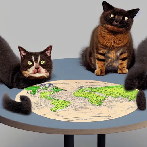 Prompt: Evil cats sitting around a table with a map of the world plotting world domination hyper realistic 8k