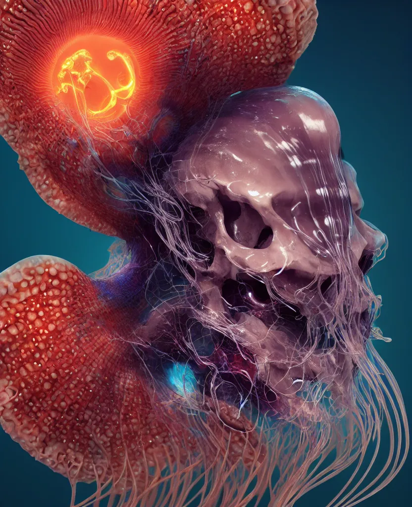 Image similar to goddess close-up portrait animal skull. jellyfish phoenix head, nautilus, orchid, skull, betta fish, bioluminiscent creatures, intricate artwork by Tooth Wu and wlop and beeple. octane render, trending on artstation, greg rutkowski very coherent symmetrical artwork. cinematic, hyper realism, high detail, octane render, 8k