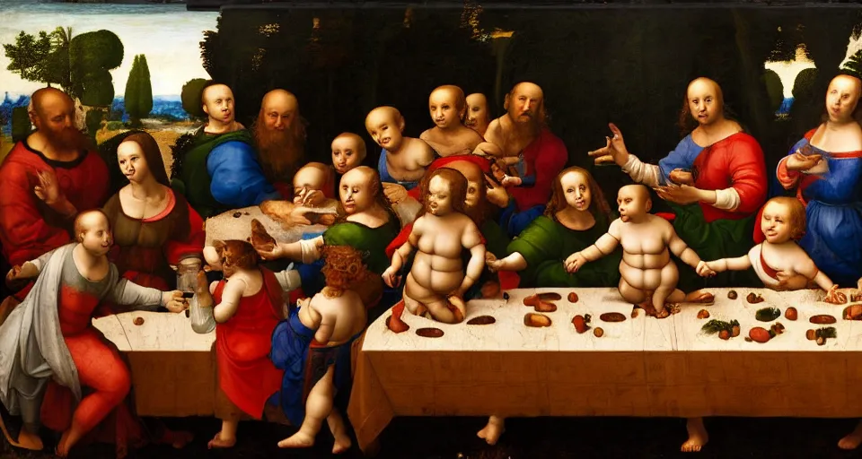 Prompt: a Renaissance painting in the style of Leonardo da Vinci of a symmetrical long table with many bottles of milk on top of it. A group of babies and toddlers are sitting at the table