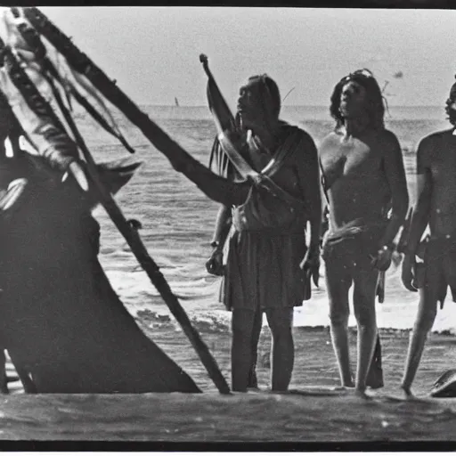 Prompt: christopher columbus with his crew on the coast of cuba talking with the natives, ships are visible in the background, photograph of 1 4 9 2, polaroid