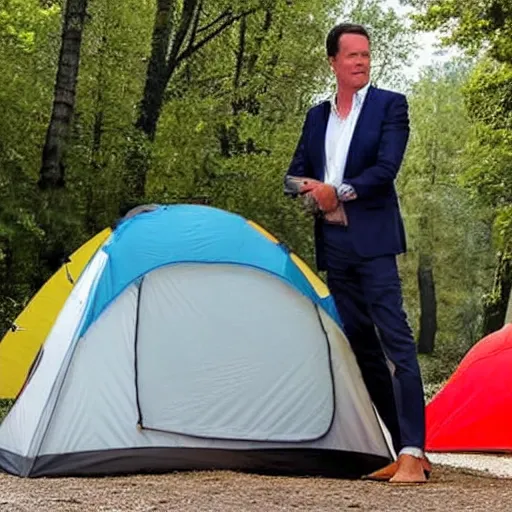 Image similar to mark rutte chilling in front of a tent on a camping in Italy, press photograph