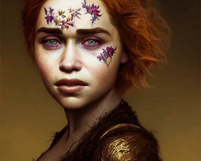 Image similar to 5 5 mm portrait photo of young redhead short hair emilia clarke with flower face paint, gold atmosphere. art by greg rutkowski. highly detailed 8 k. intricate. lifelike. soft light. nikon d 8 5 0.