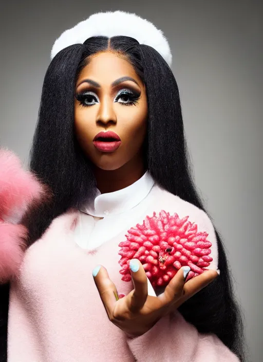 Prompt: stunning film photograph of ( ( ( ( nikki minaj holding a plumbus ) ) ) ), closeup, aperture 1. 2