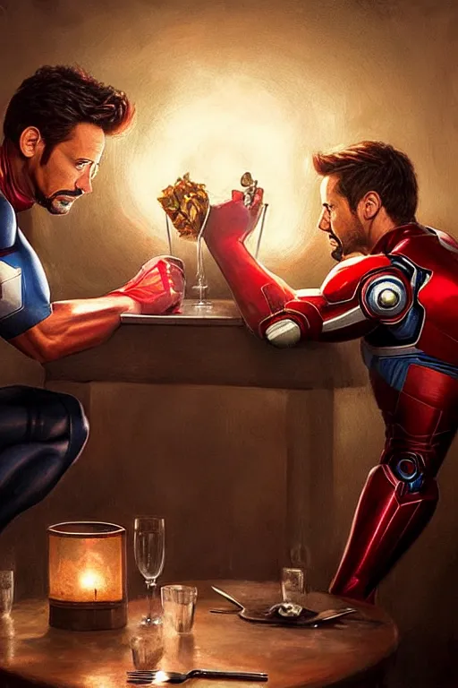 Image similar to iron man and captain america sit across from each other in a romantic restaurant, candlelit, style of greg rutkowski