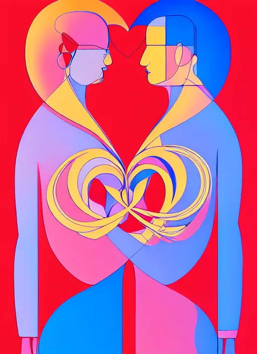 Image similar to style of santiago calatrava, perfectly centered symmetrical balanced male and female portrait of man and woman in love sharing one heart. high coherence ; fractal geometrical cartoon 8 k ultra hd