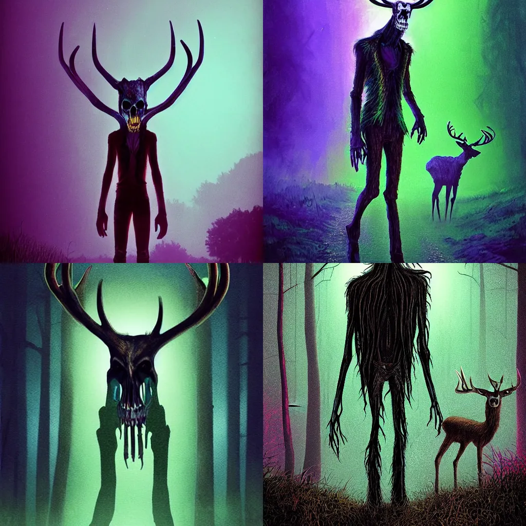 Prompt: Tim Jacobus Goosebumps art, Wendigo monster with deer skull face, antlers, furry brown body, tall and lanky skinny, walking through a suburb, night time, purple, green and blue colors, ominous lighting, spooky, foggy, fog