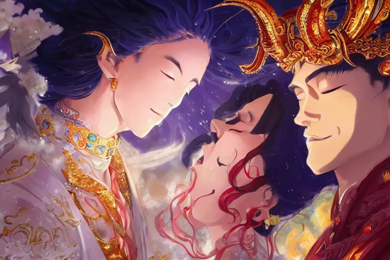 Image similar to close up moment of a divine a japan sun god and a moon goddess lovers magician at a wedding banquet, highly detailed, d & d, fantasy, 4 k realistic, digital painting, trending on artstation, concept art, sharp focus, illustration, art by makoto shinkai and akihiko yoshida and daniel gerhartz