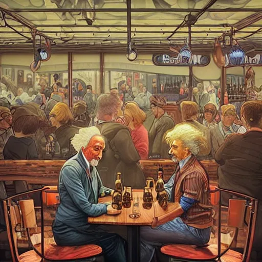 Prompt: Full colour render of albert einstein and nikola tesla brinking beer in a bierhall.. 4K award winning photorealistic concept art. smooth, sharp focus, illustration, dark cyberpunk, dystopian, sythwave, neon art by artgerm and moebius and alphonse mucha