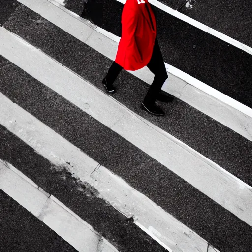 Prompt: A high angle dramatic portrait of a man wearing red coat , walking in a black and white street . Cinematic lighting