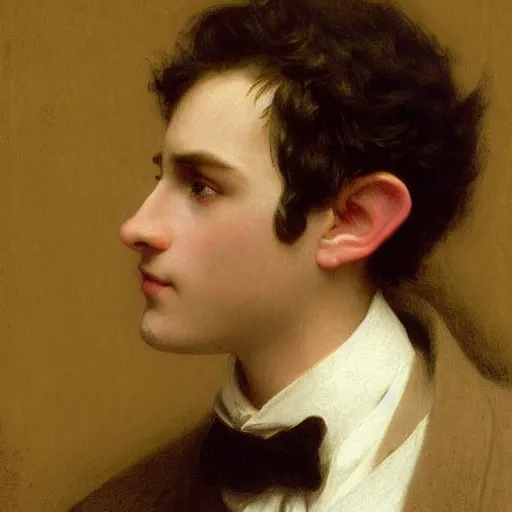 Image similar to detailed portrait painting of gentleman elf wearing brown tuxedo by William-Adolphe Bouguereau