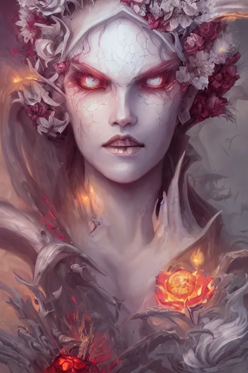 Image similar to demon face closeup of girl necromancer full of scars and flowers, wizard of the coast casting magic spell, angel, magic storm and thunder clouds, fantasy, magic the gathering, hyper detailed, 3 d render, hyper realistic detailed portrait, peter mohrbacher