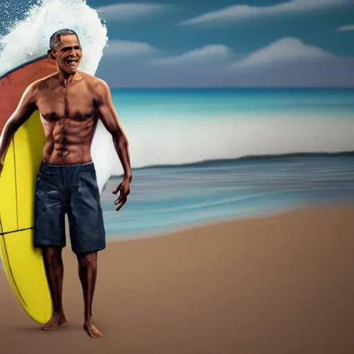 Prompt: barack obama surfing in rough surf holding a margarita, realistic, high detail, volumetric light, sharp focus, concept art, intricate details, highly detailed, 4 k