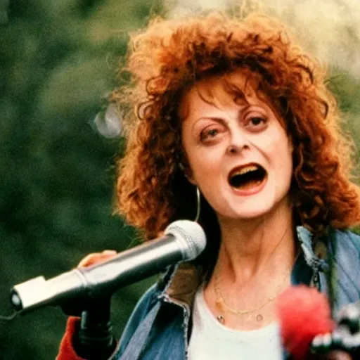 Image similar to 1 9 9 0 s video still of susan sarandon, wearing a hip hop hoodie, rapping on stage at a small outdoor concert, vhs artifacts