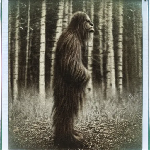 Image similar to a tarkovsky style polaroid photo of a real life bigfoot