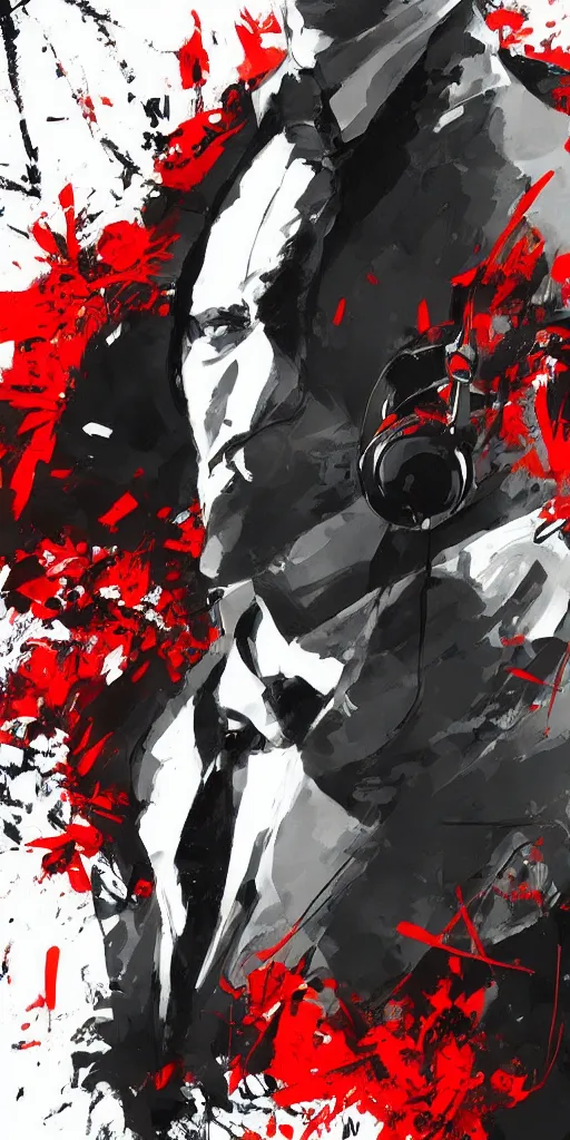 Image similar to a portrait of agent 4 7 from hitman wearing headphones, dark background, red rim light, digital art, artstation, art by yoji shinkawa