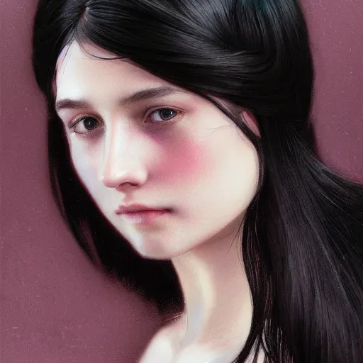 Image similar to portrait of teenage girl with long glossy black hair, glowing skin, delicate features, victoria wallace, fantasy, intricate, elegant, dress shirt and tie, highly detailed, digital painting, artstation, concept art, smooth, sharp focus, illustration, art by Krenz Cushart and Artem Demura and alphonse mucha