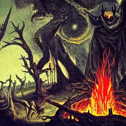 Prompt: beelzebub next to an oak tree aflame, still, fog in background, dantes inferno, evil album cover