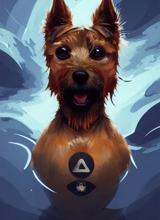 Image similar to norwich terrier as an superhero, backround dark, highly detailed, digital illustration, trending in artstation, modern painting, smooth, sharp focus, intricate, by peter mohrbacher