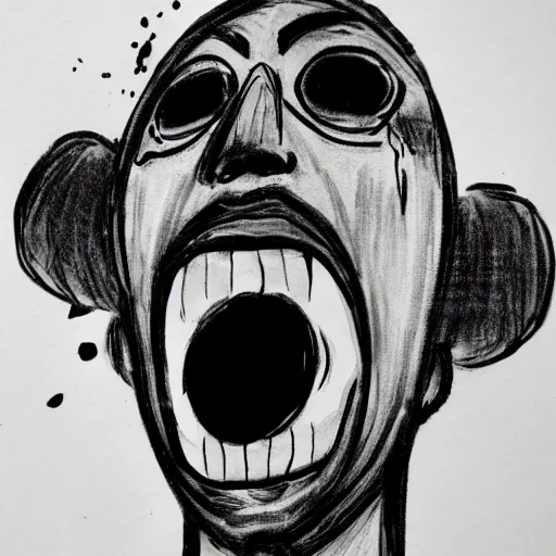 Image similar to portrait of crazy eyed model screaming black ink on paper