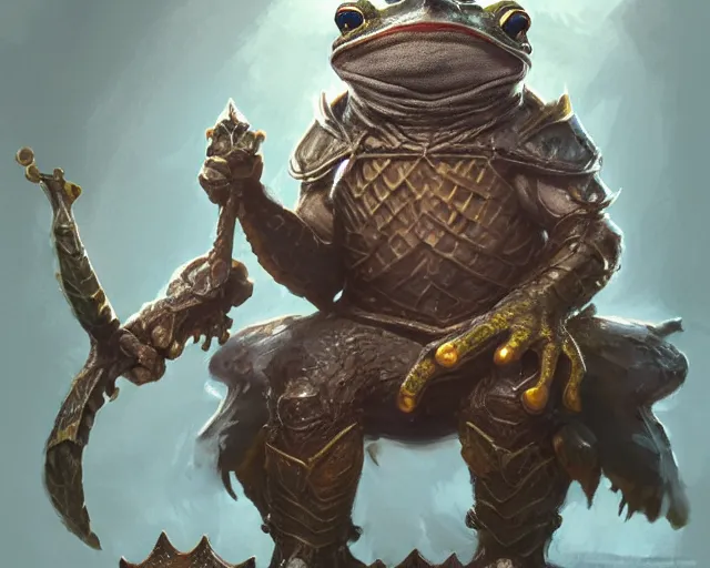 Prompt: dnd character art for an anthropomorphic frog king, wearing a crown, sitting like a human on a throne, fantasy concept art, dnd character art, digital painting, oil painting, hyperrealistic, highly detailed, artstation, cgsociety, by greg rutkowski, by alan lee, by artgerm