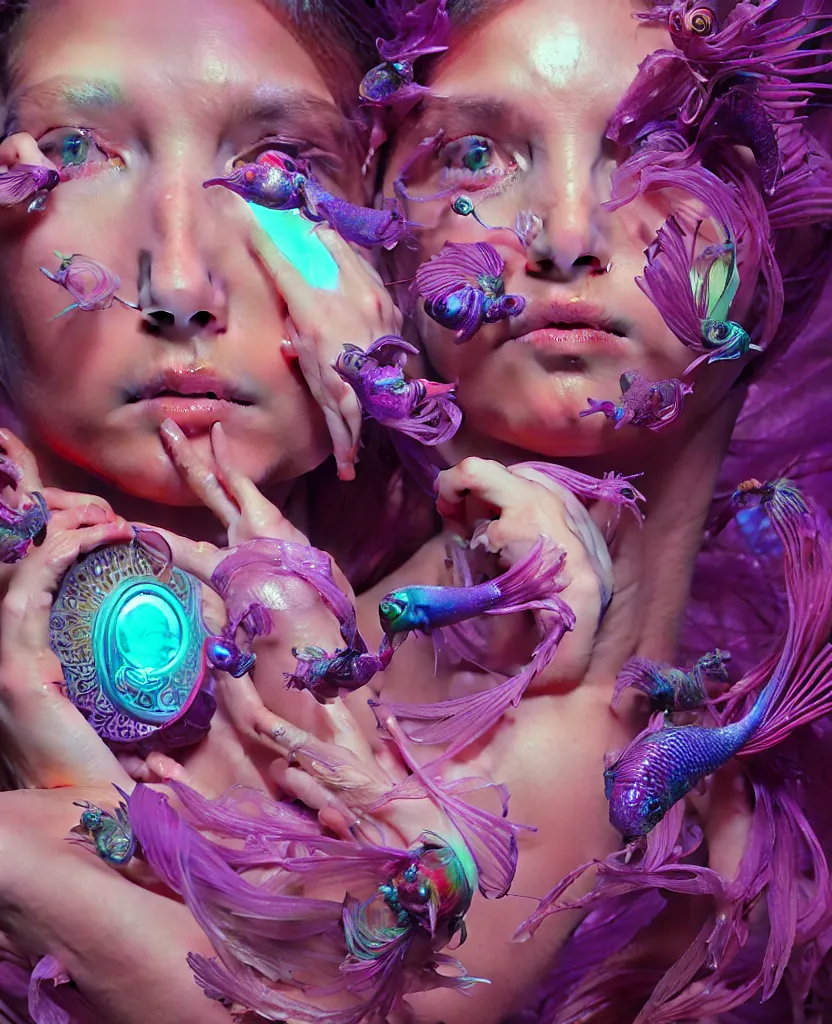 Image similar to goddess full color painted acryllic sculpture close-up portrait. orchid bird phoenix head, nautilus, skull, betta fish, bioluminiscent creatures, intricate artwork by Tooth Wu and wlop and beeple. octane render, trending on artstation, greg rutkowski very coherent symmetrical artwork. cinematic, hyper realism, high detail, octane render, 8k