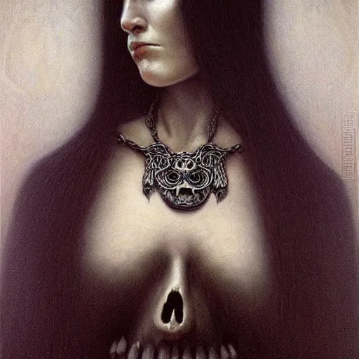 Prompt: a portrait of a mysterious death goddess with black eyes and a skull necklace, moody, dark, deep shadows, creepy, muted colors, highly detailed, intricate artwork, beautiful oil painting by Jean Delville