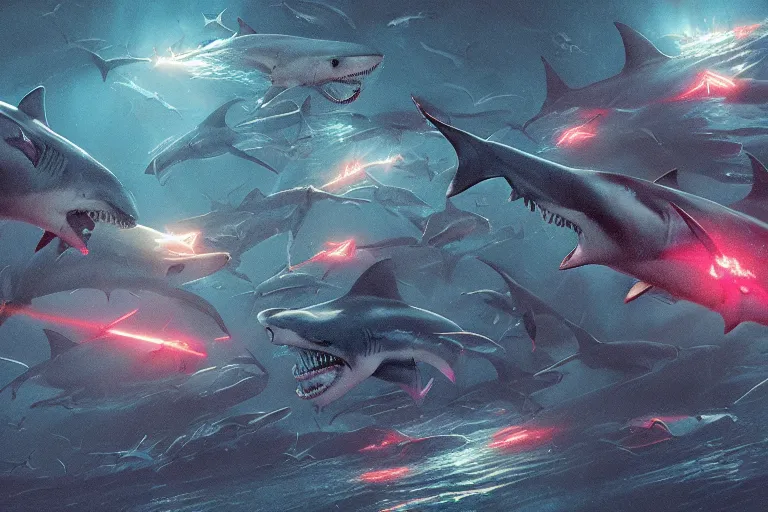 Image similar to a detailed tarot card of freaking sharks with freaking laser beams on their heads, neon outline, swarm of sci fi sharks, 8 k, artstation, art by greg rutkowski, pixiv