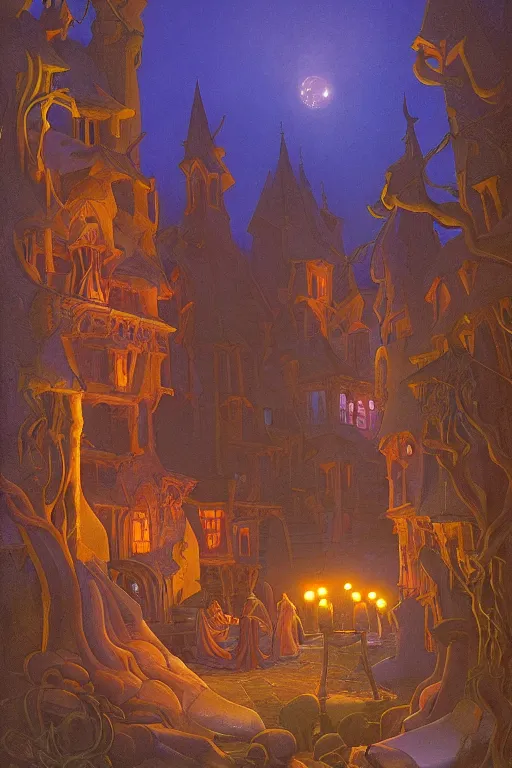 Image similar to witch's workshop lit up at twilight, by Sylvain Sarrailh and Nicholas Roerich and jean delville and Tyler Edlin and William Dyce, dramatic cinematic lighting , beautiful garden, ornate carved architecture, smooth, sharp focus, extremely detailed