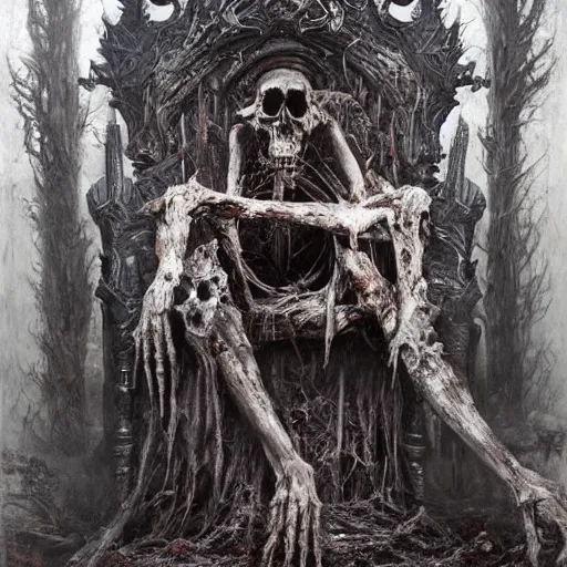 Prompt: withered old king sitting on a throne of rotting bones, highly detailed painting by seb mckinnon, 8 k