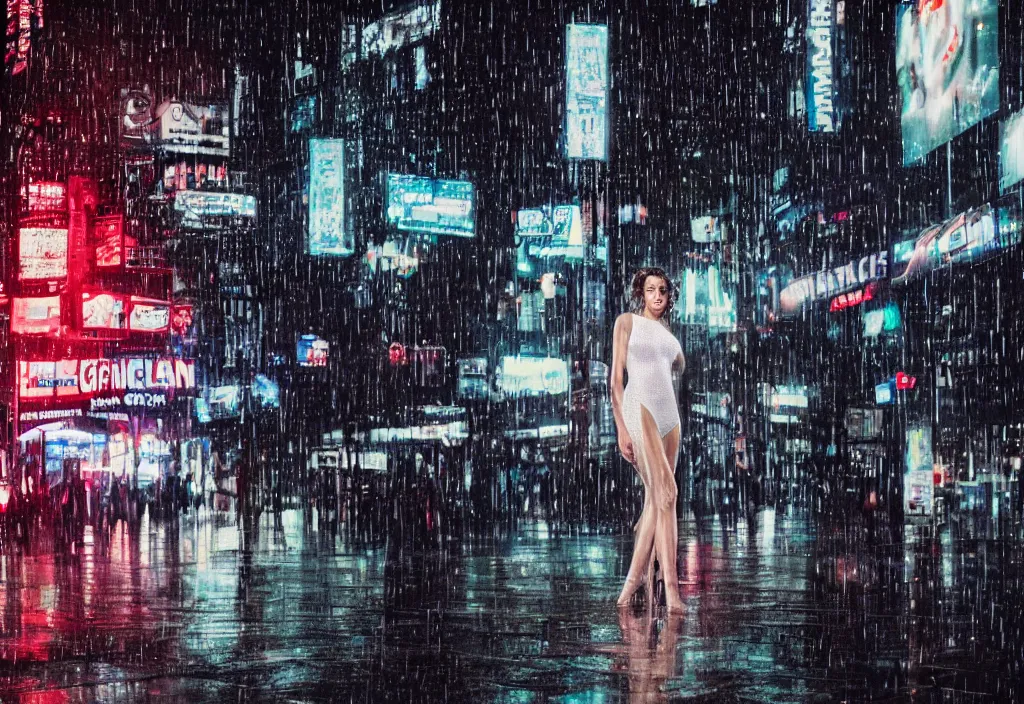 Prompt: hyperdetailed cinematic portrait looking at a low angle with a 4 0 0 mm lens and bokeh under the dim lights of screens with advertising at a lone sexy model, face with artgram, wearing a sheer wet see through white dress getting soaked in the rain blade runner aesthetic