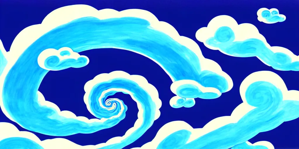 Image similar to cartoon concept art, blue sky spiral clouds, from sam and max