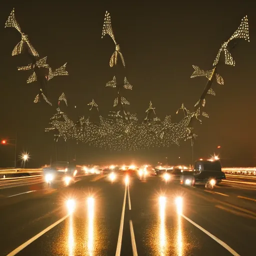 Image similar to dslr photo freeway photo at night, dragonflies create the lights, very high quality lights, intricate details, extremely high quality, moody lighting, real camera, real photo, slow - shutter, 8 k, full subject in shot