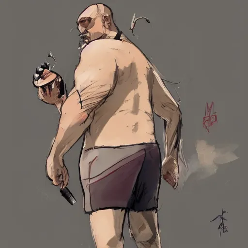 Image similar to concept art for a balding middle - aged character wearing a singlet while smoking, by dustin nguyen, akihiko yoshida, greg tocchini, trending on artstation, 8 k