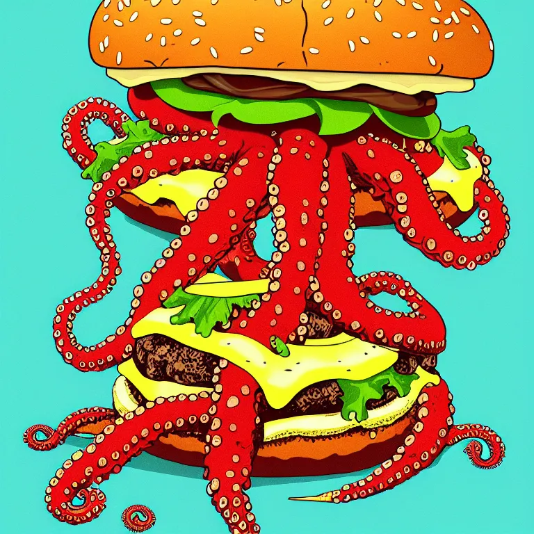 Image similar to illustration of a an octopus inside a cheeseburger, highly detailed, 8 k, vintage, screen print, trending on artstation