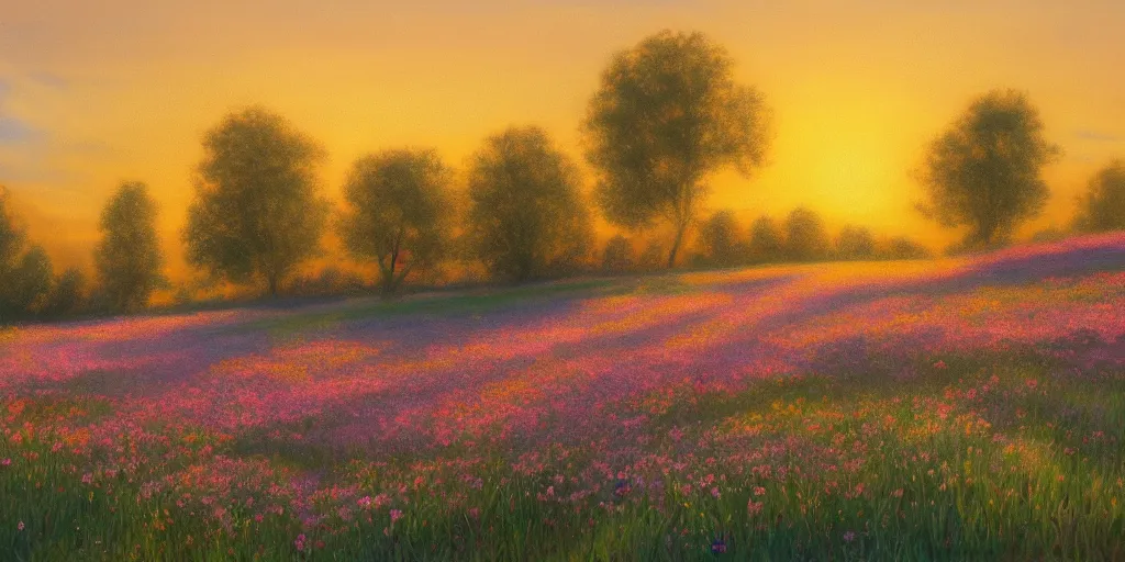 Image similar to oil painting, landscape, flowers field. golden hour. pastel colors. matte painting, 4k