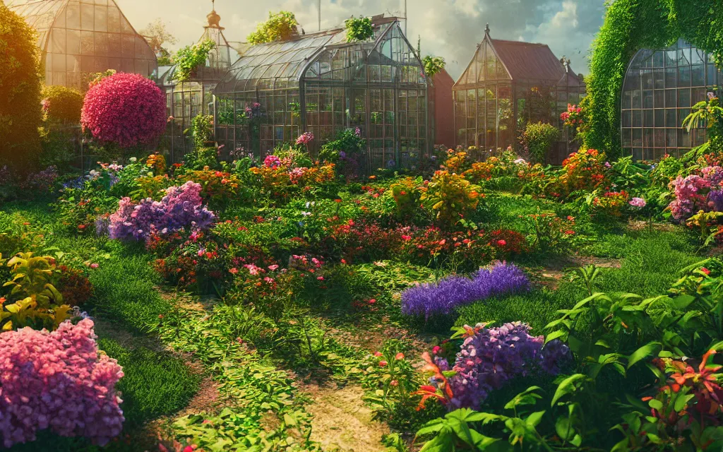 Image similar to a sprawling garden with many flowers and vines, greenhouse!, pathways, sunny day, beautiful lighting, vivid colors!, highly detailed, cinematic, octane render, 4 k, trending on artstation, deviantart featured